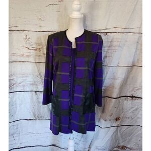 Misook Purple and Black Plaid Knit Leather Trim Cardigan Set Size Small